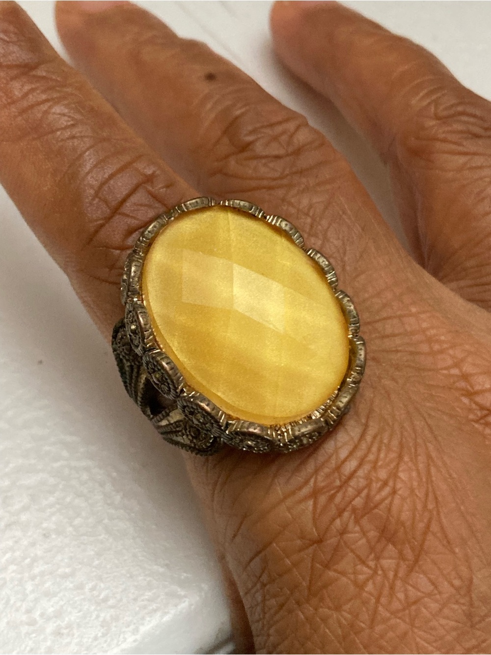 Vintage-Style Yellow Stone Filigree Cocktail Ring Size 8